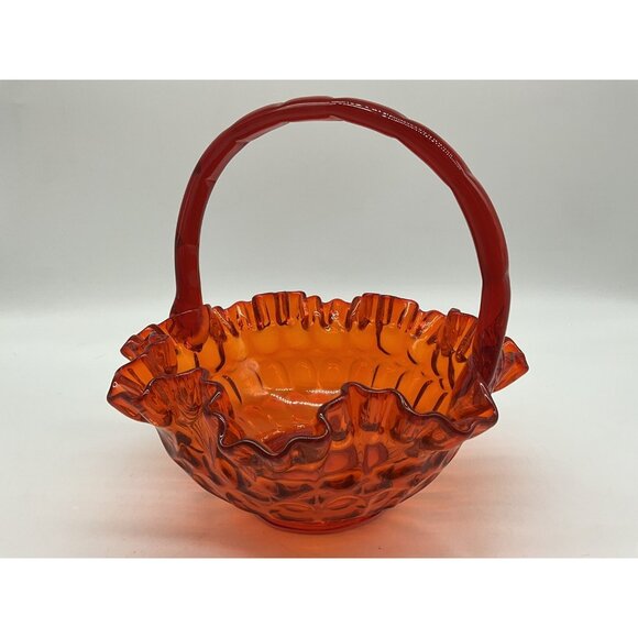 Fenton VTG Red Orange Amberina Thumbprint Glass Basket Ruffled Edge Grandmacore - Picture 9 of 16